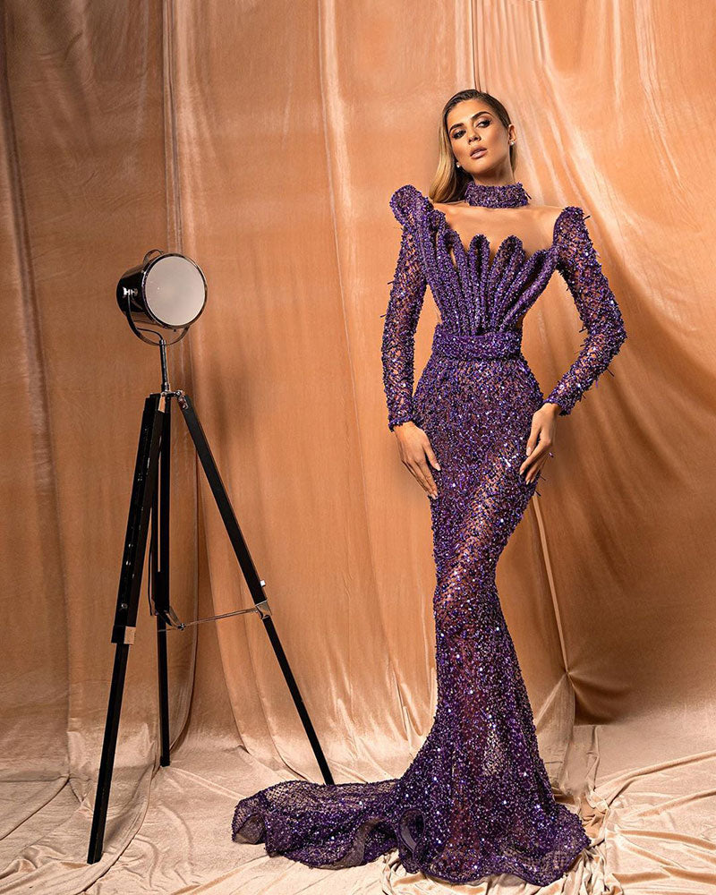 Ruffled Embellished Purple Dress – ALBINA DYLA