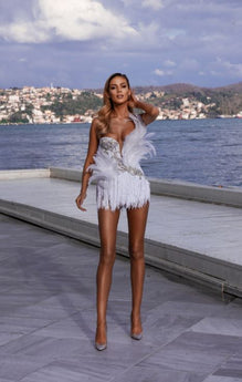 feather dress short White Feathered Short Dress 36