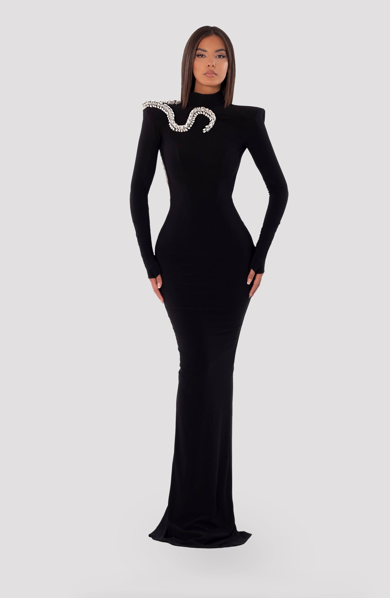 Black maxi dress with high neck and open back – ALBINA DYLA